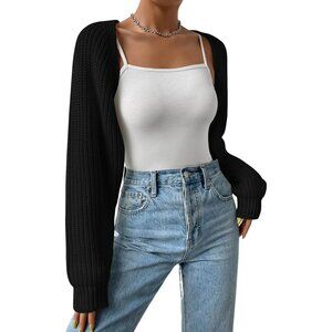 ❤️Women Black Qlarnaweer  Cropped Cardiga Bolero Shrug Sweater Open Front Knit